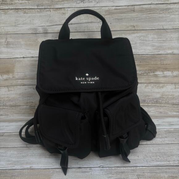 Kate Spade Carley Nylon Flap Backpack Black Drawstring Preppy Casual Athleisure